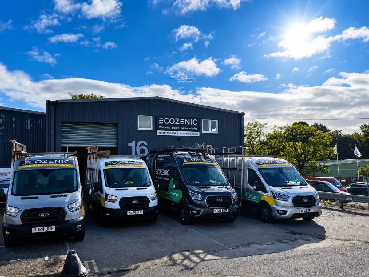 Ecozenic vans parked outside of headquarters in Poole, Dorset